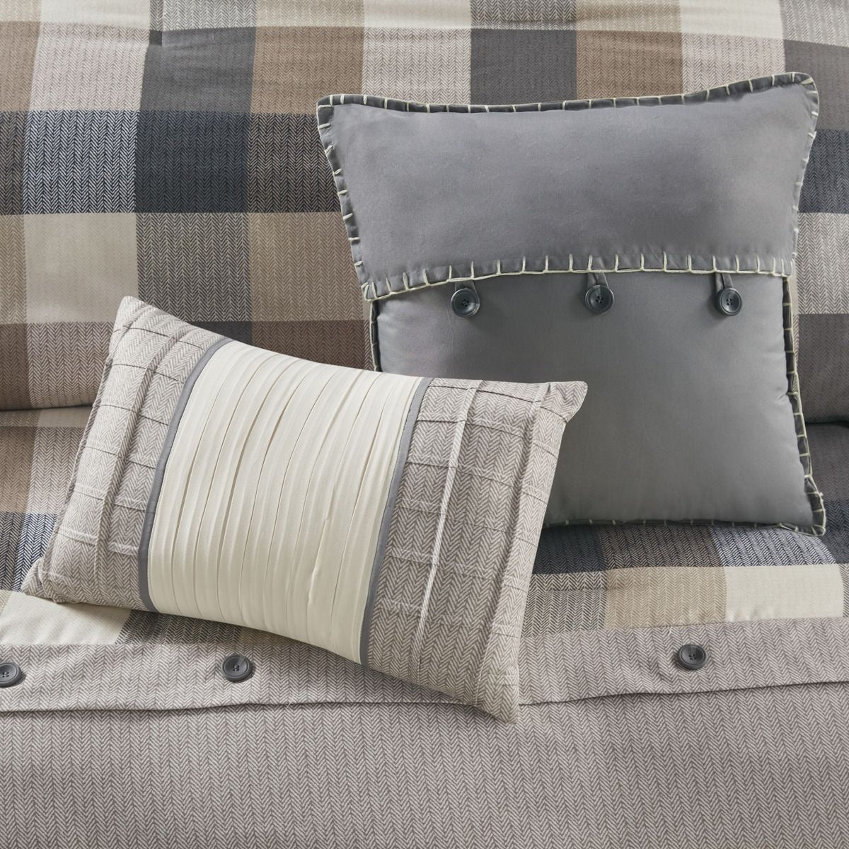 Neutral Buffalo Plaid Herringbone Comforter Set