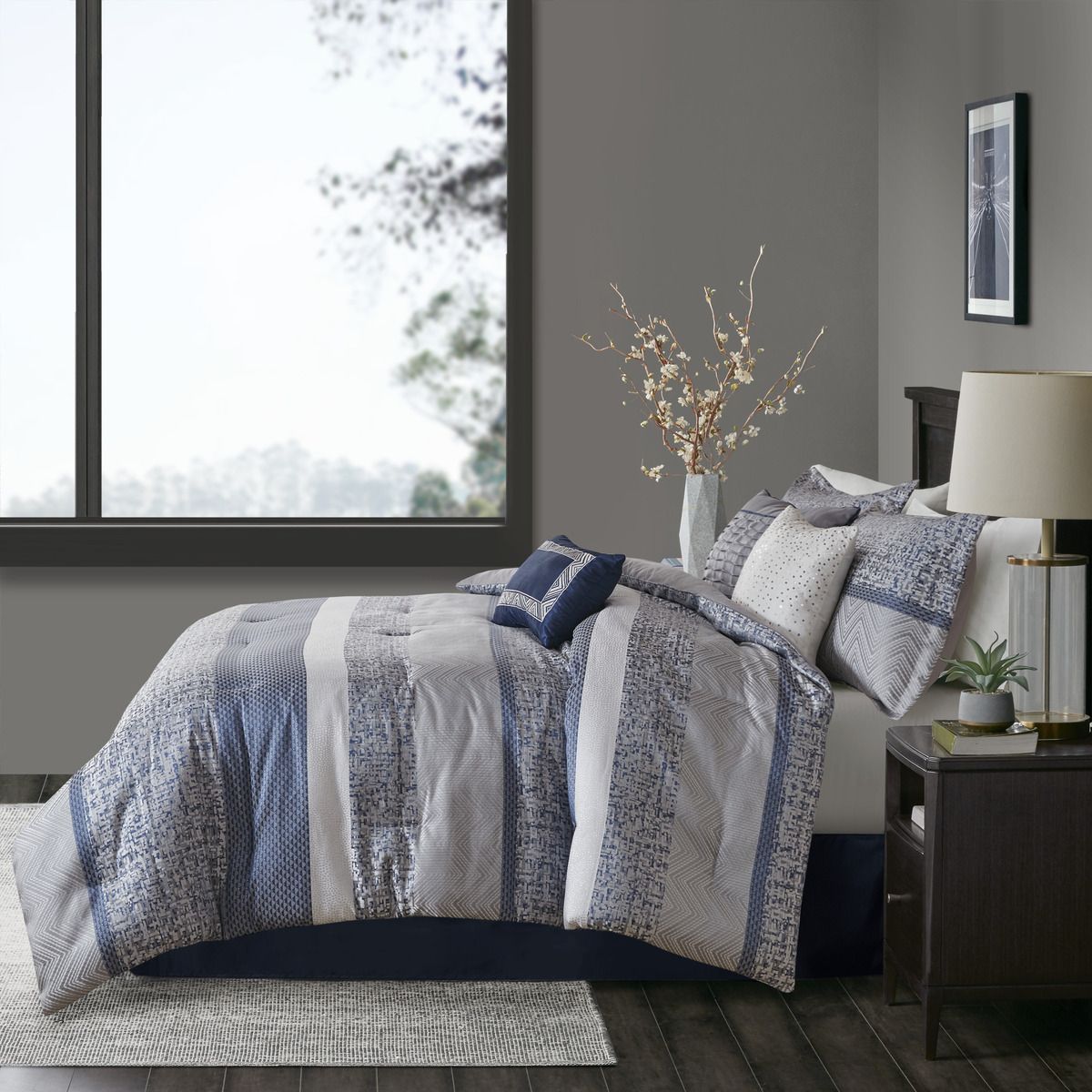 Navy and Gray Jacquard Comforter Ensemble