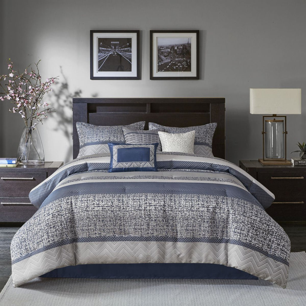 Navy and Gray Jacquard Comforter Ensemble