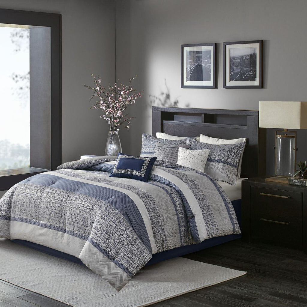 Navy and Gray Jacquard Comforter Ensemble