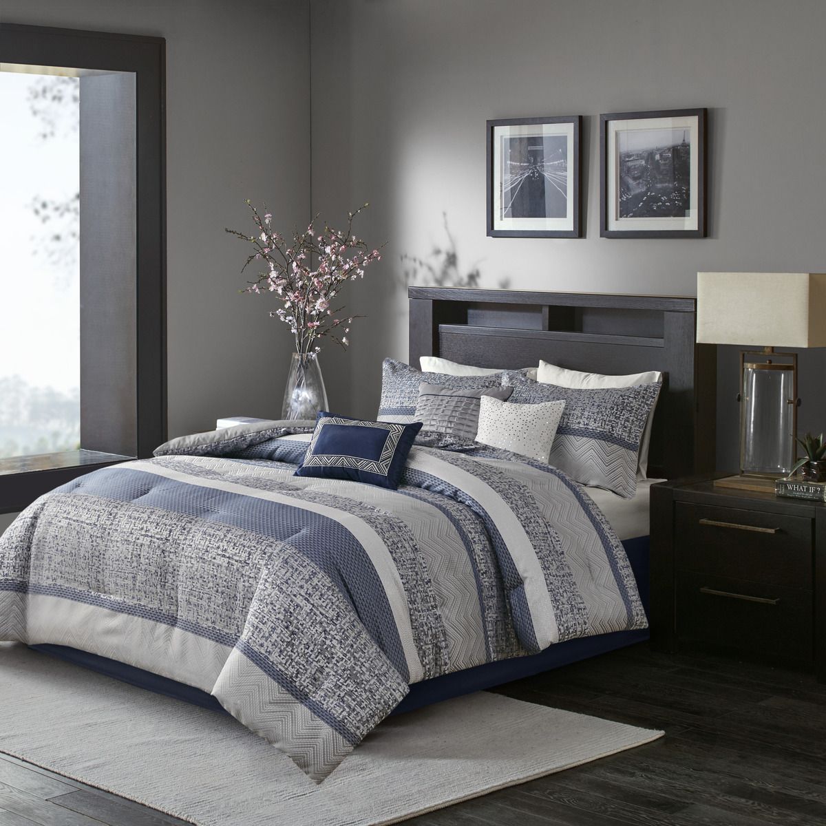 Navy and Gray Jacquard Comforter Ensemble