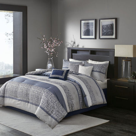Navy and Gray Jacquard Comforter Ensemble