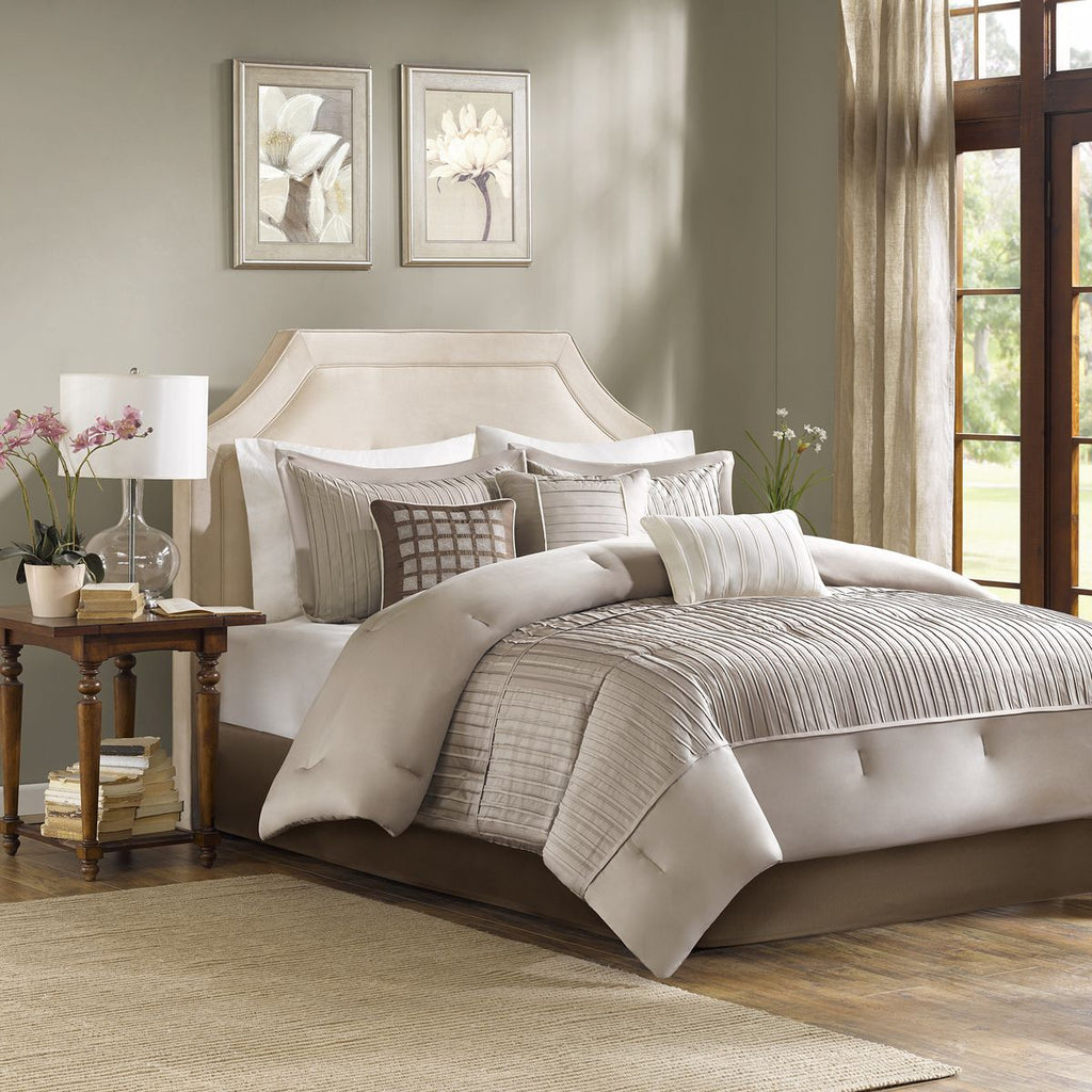 Taupe King Comforter Set with Pleated Details