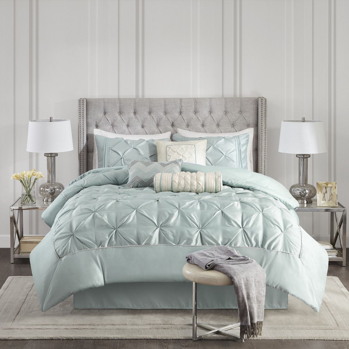 7 Piece Tufted Comforter Set in Seafoam - King Size Bedding Collection