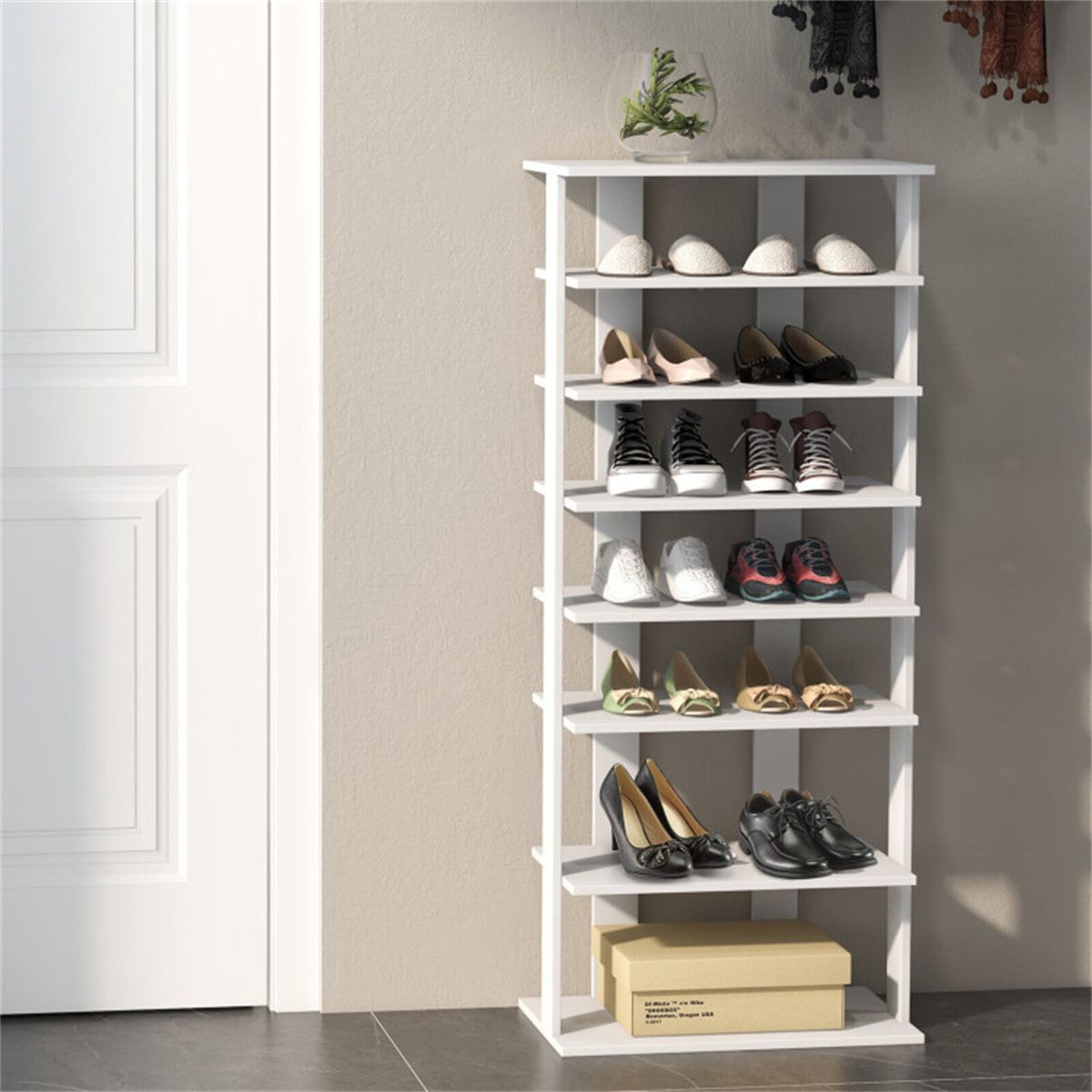 Seven-Tier Double-Row Shoe Rack with Removable Shelves for Narrow Entryways