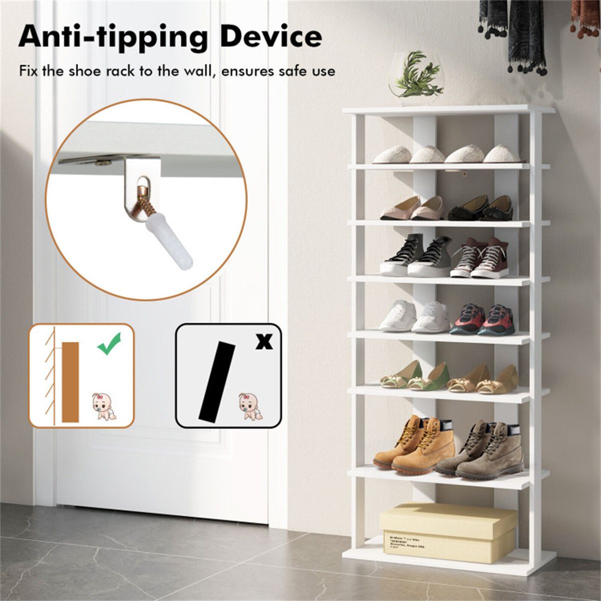 Seven-Tier Double-Row Shoe Rack with Removable Shelves for Narrow Entryways