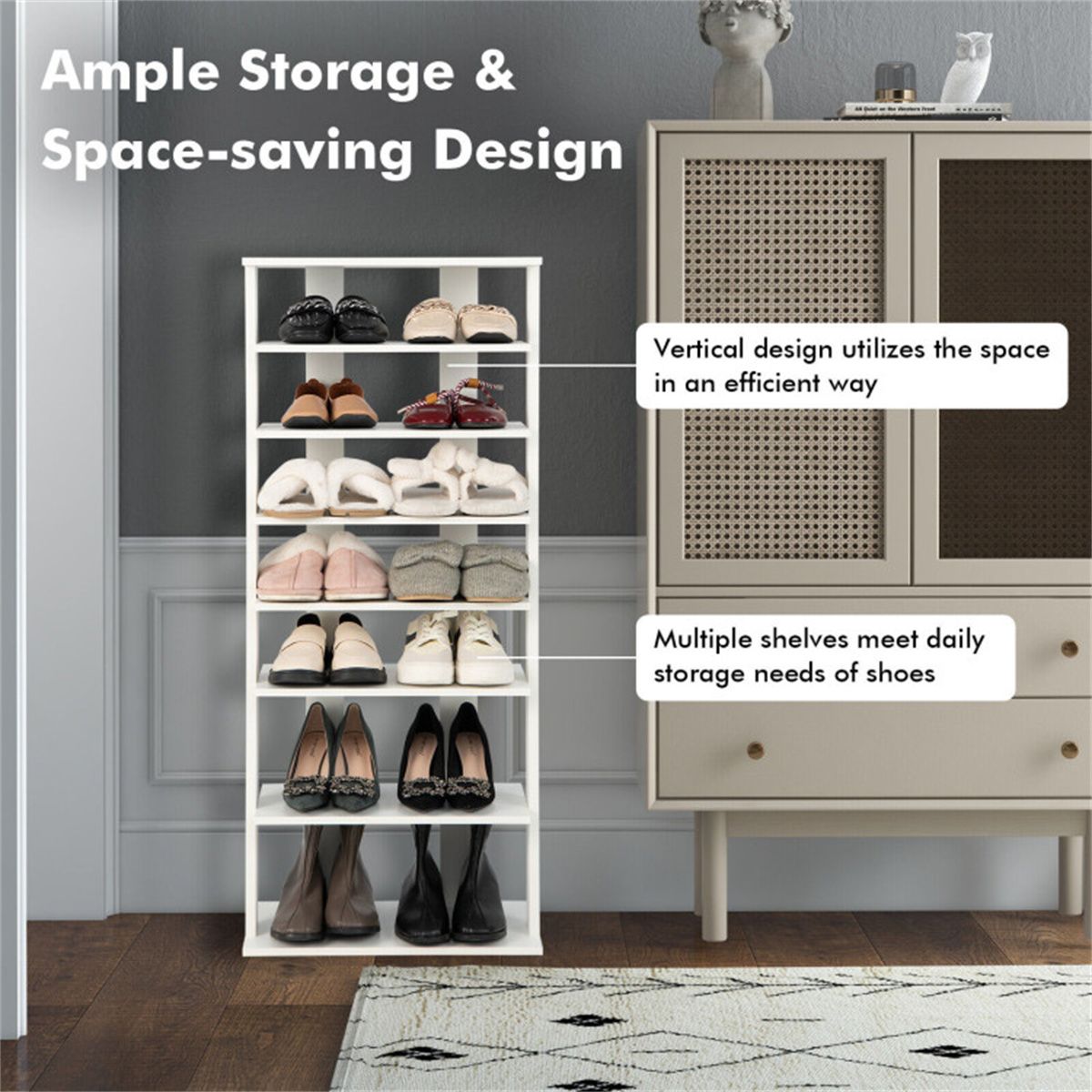 Seven-Tier Double-Row Shoe Rack with Removable Shelves for Narrow Entryways