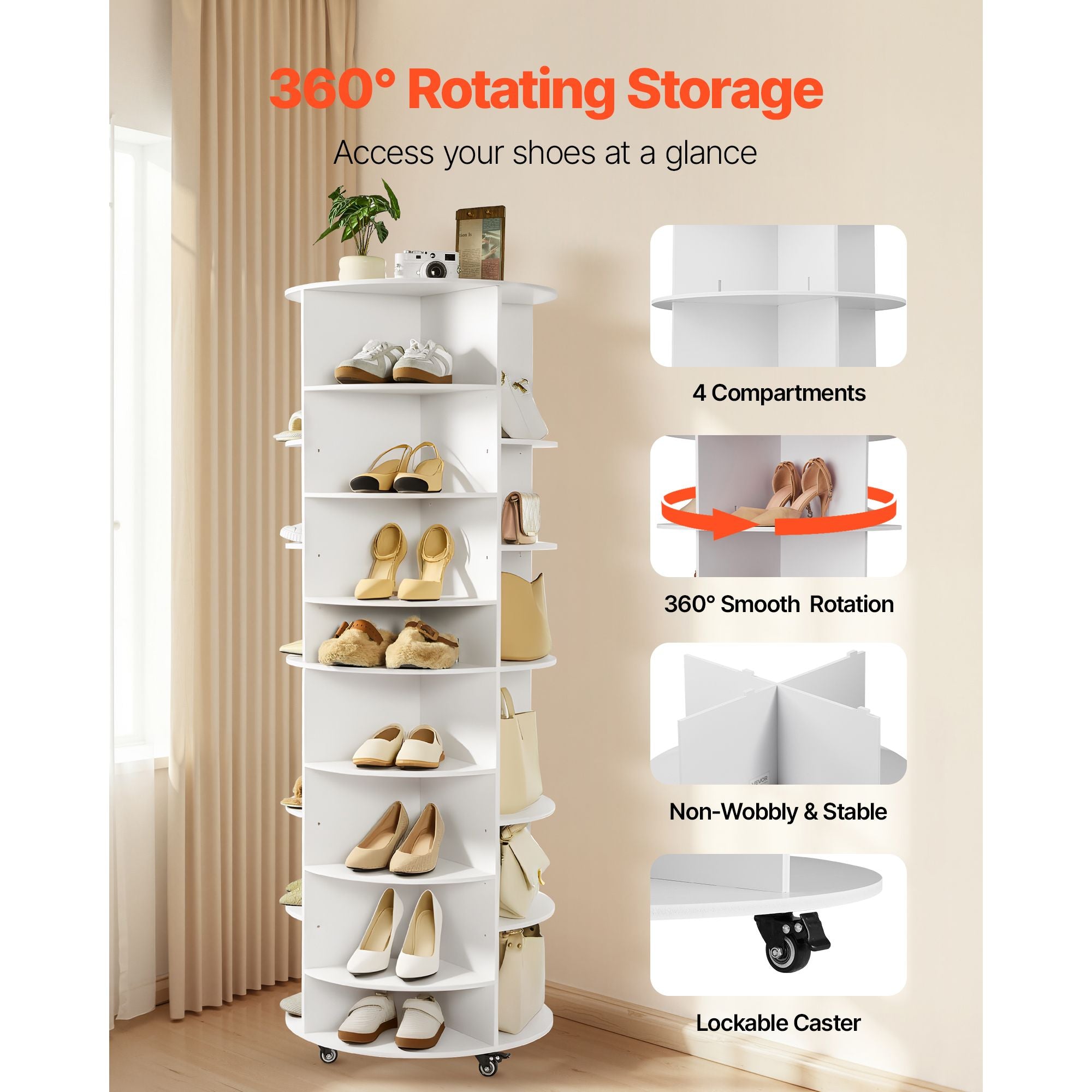 7 Tier Rotating Shoe Rack Tower with Adjustable Shelves, Movable 360° Spinning Carousel Display with