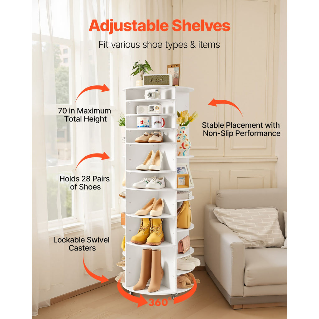 7 Tier Rotating Shoe Rack Tower with Adjustable Shelves, Movable 360° Spinning Carousel Display with