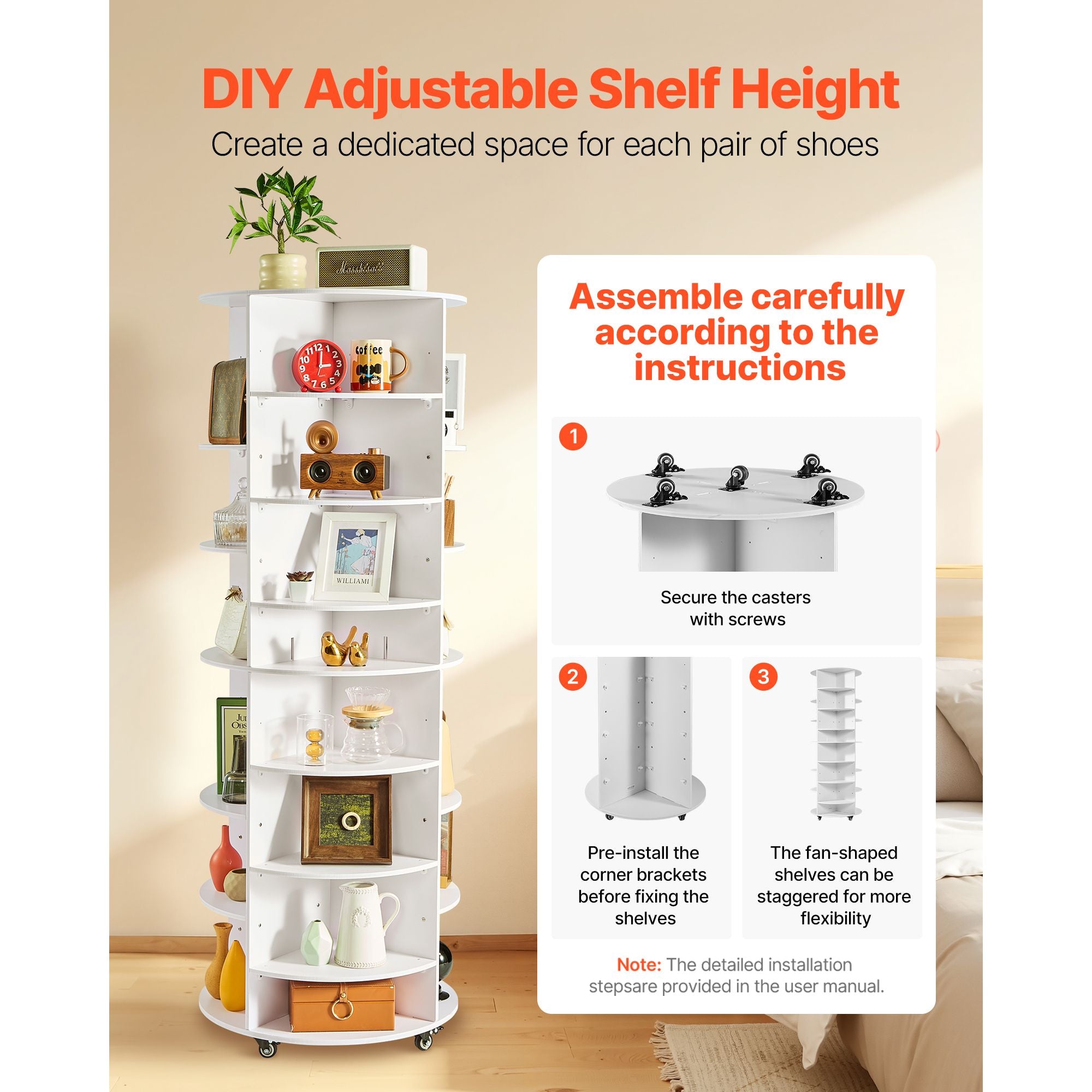 7 Tier Rotating Shoe Rack Tower with Adjustable Shelves, Movable 360° Spinning Carousel Display with