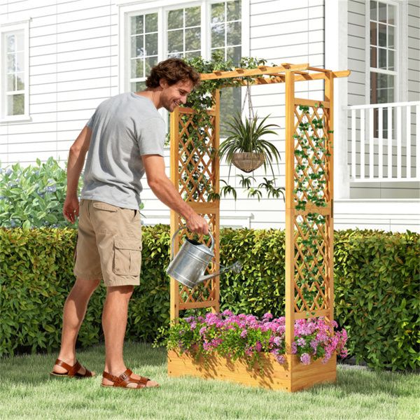 Tall Pine Wood Raised Garden Bed with Trellis & Roof – Open-Ended Base for Climbing Plants