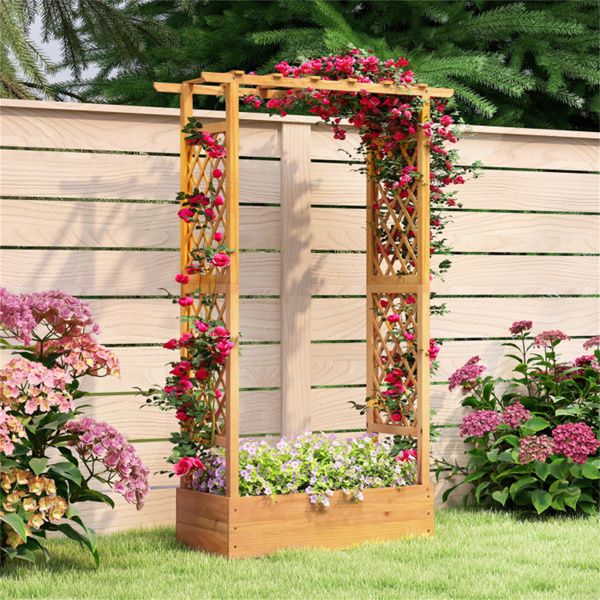 Tall Pine Wood Raised Garden Bed with Trellis & Roof – Open-Ended Base for Climbing Plants