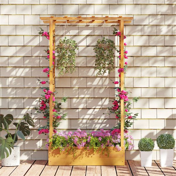 Tall Pine Wood Raised Garden Bed with Trellis & Roof – Open-Ended Base for Climbing Plants