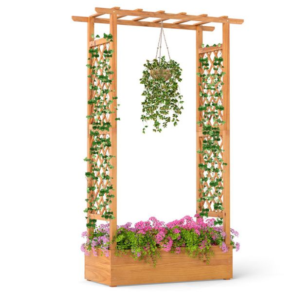 Tall Pine Wood Raised Garden Bed with Trellis & Roof – Open-Ended Base for Climbing Plants