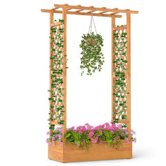 Tall Pine Wood Raised Garden Bed with Trellis & Roof – Open-Ended Base for Climbing Plants
