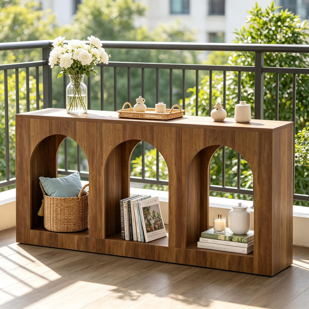 Arched Console Table with Open Display Shelves