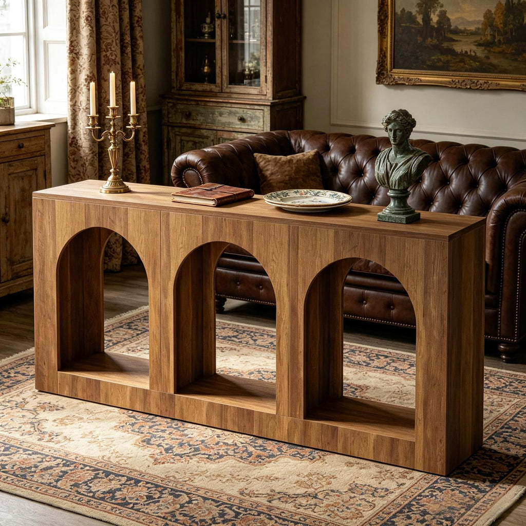 Arched Console Table with Open Display Shelves