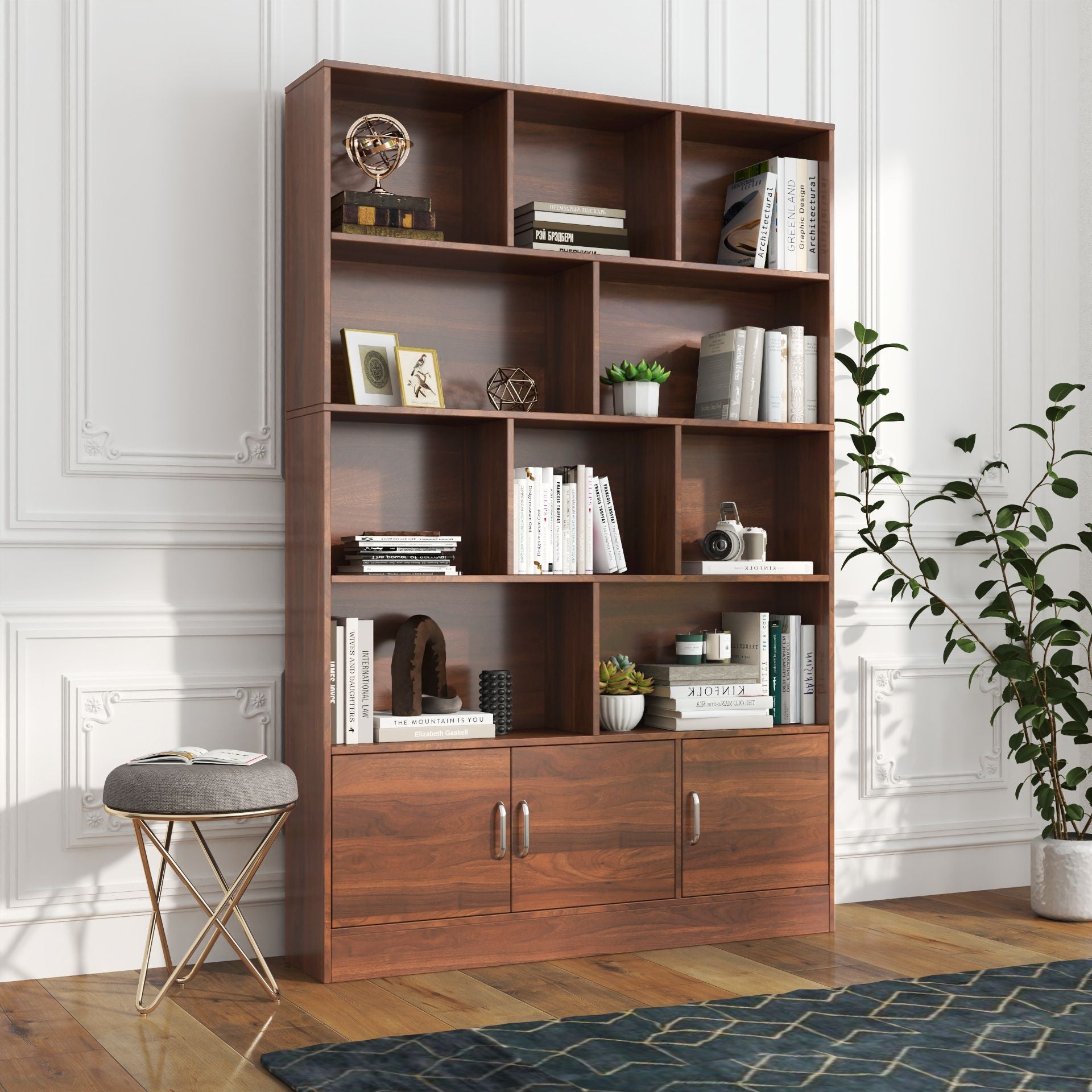 Tall Bookshelf with 10 Cubes and 2-Door Cabinet for Versatile Storage