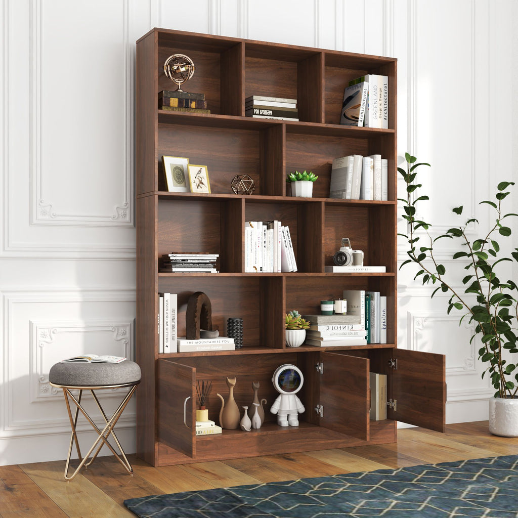 Tall Bookshelf with 10 Cubes and 2-Door Cabinet for Versatile Storage