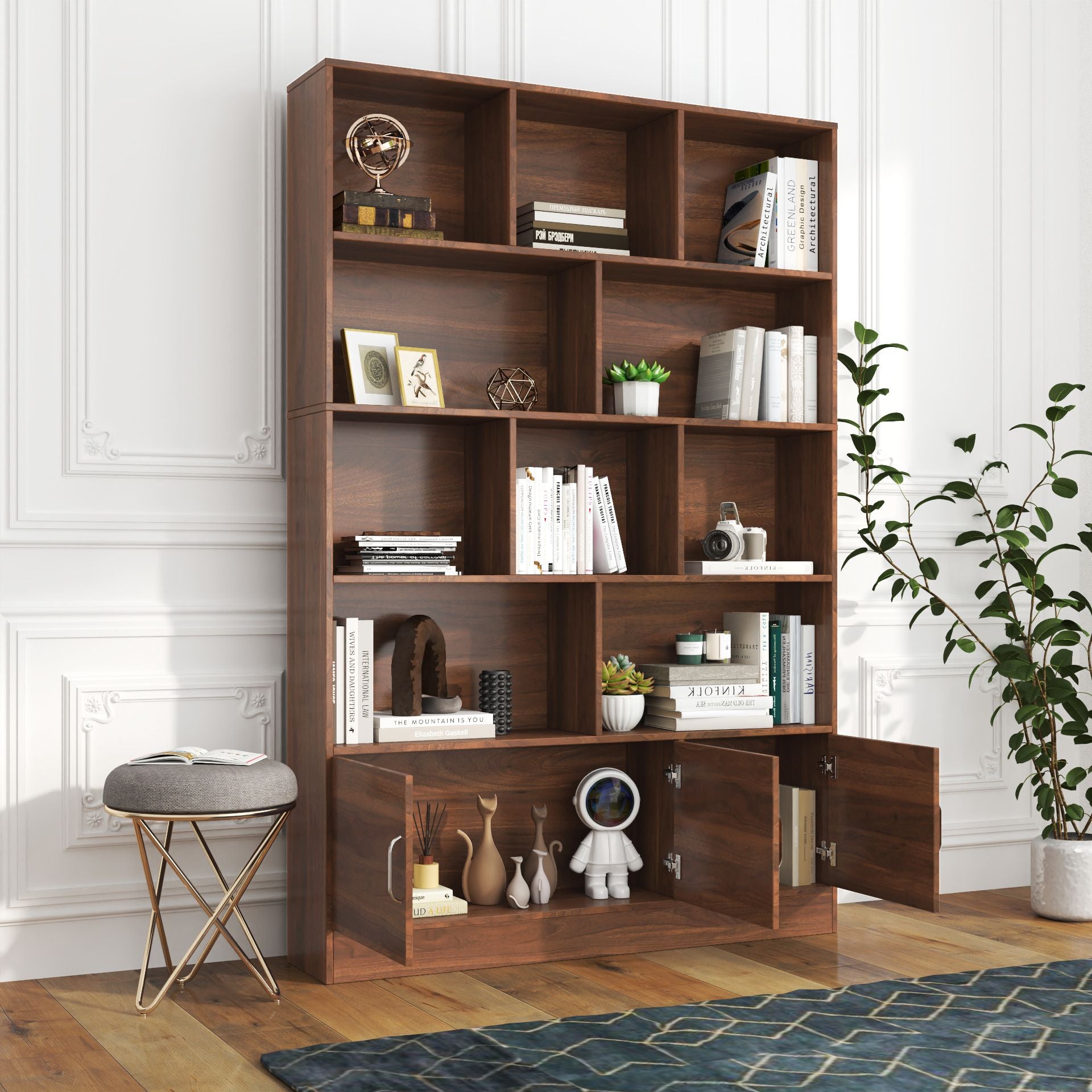 Tall Bookshelf with 10 Cubes and 2-Door Cabinet for Versatile Storage