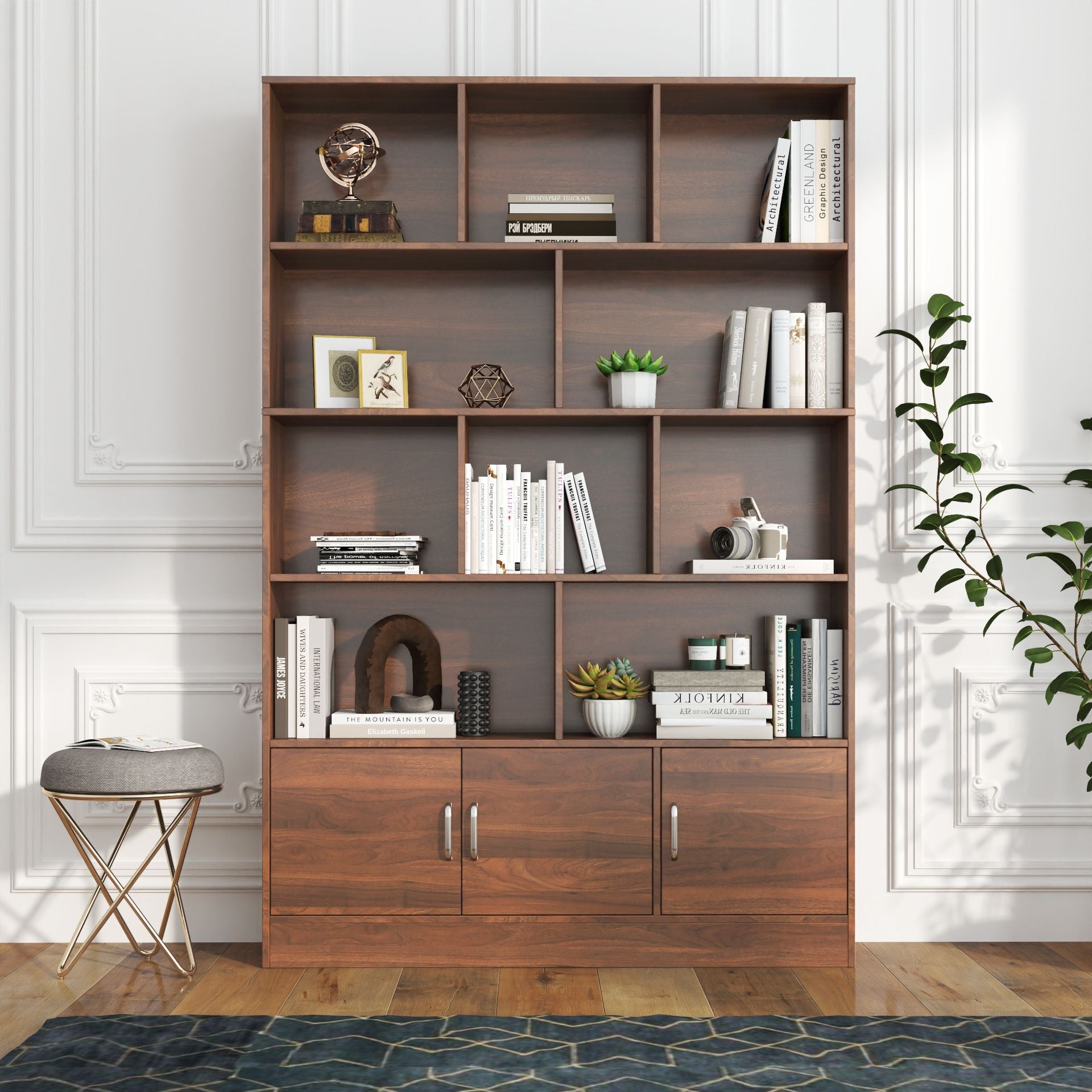 Tall Bookshelf with 10 Cubes and 2-Door Cabinet for Versatile Storage