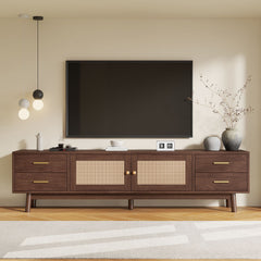 Modern Dark Brown TV Stand with Rattan-Style Doors
