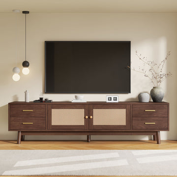 Modern Dark Brown TV Stand with Rattan-Style Doors