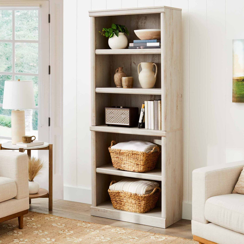 Rustic 5-Shelf Bookcase with Adjustable Shelves and Decorative Moldings
