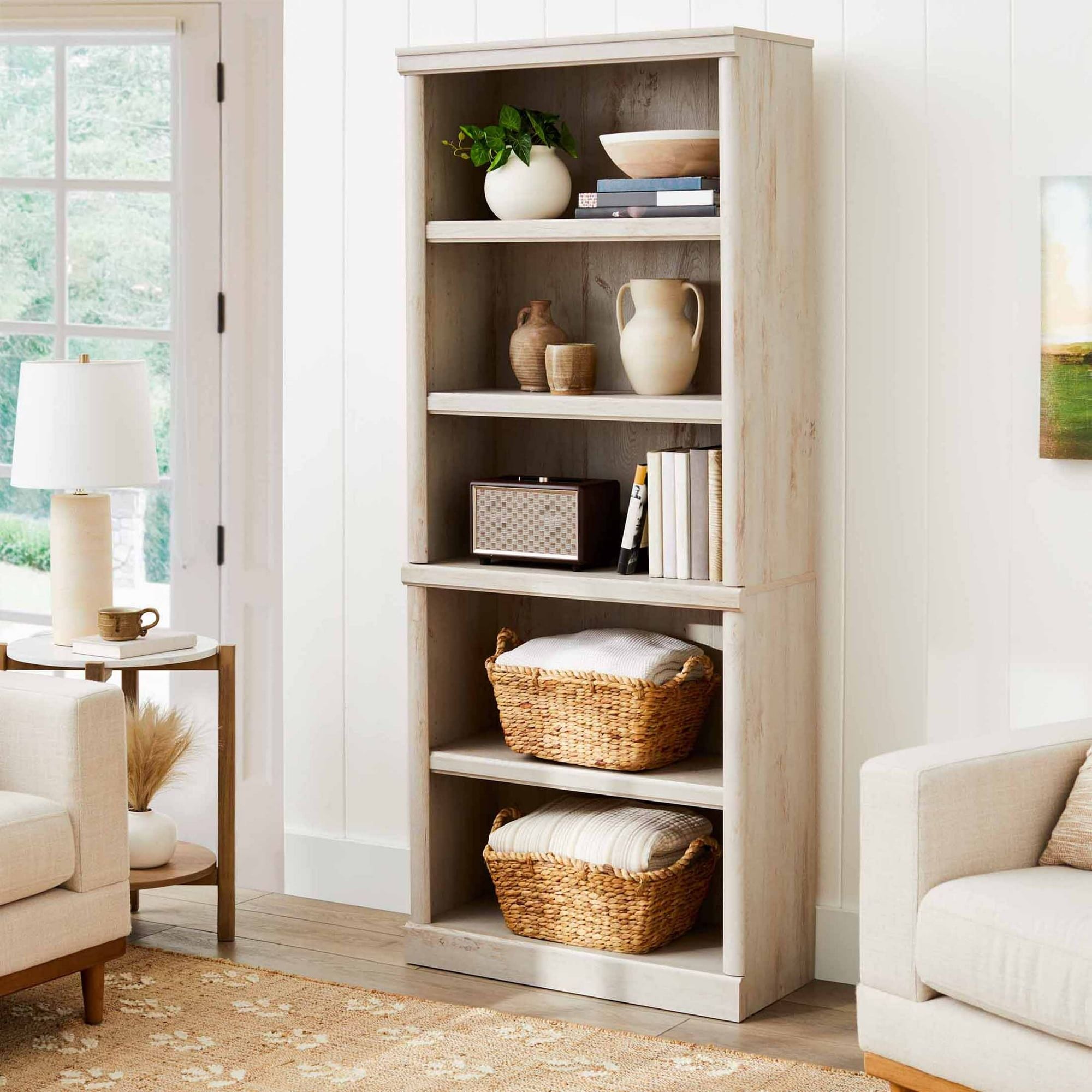 Rustic 5-Shelf Bookcase with Adjustable Shelves and Decorative Moldings