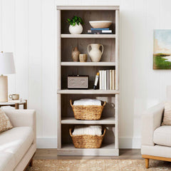 Rustic 5-Shelf Bookcase with Adjustable Shelves and Decorative Moldings