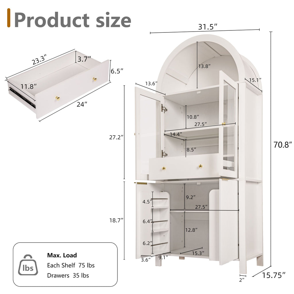 Elegant Fluted Pantry Cabinet with Adjustable Shelves & Glass Door