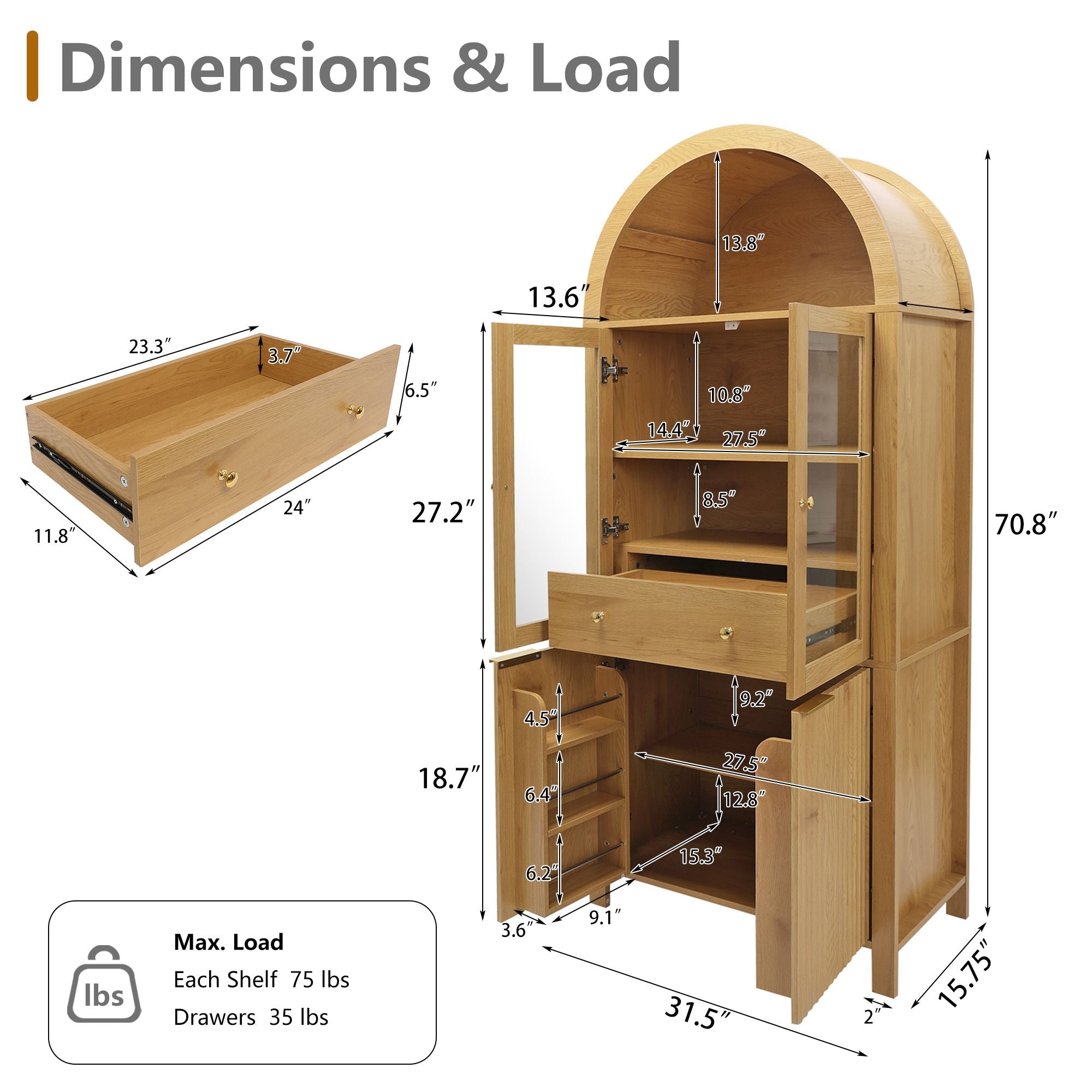 Elegant Fluted Pantry Cabinet with Adjustable Shelves & Glass Door