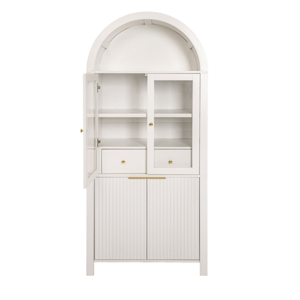 Fluted Tall Pantry Cabinet with Adjustable Shelves and Glass Doors