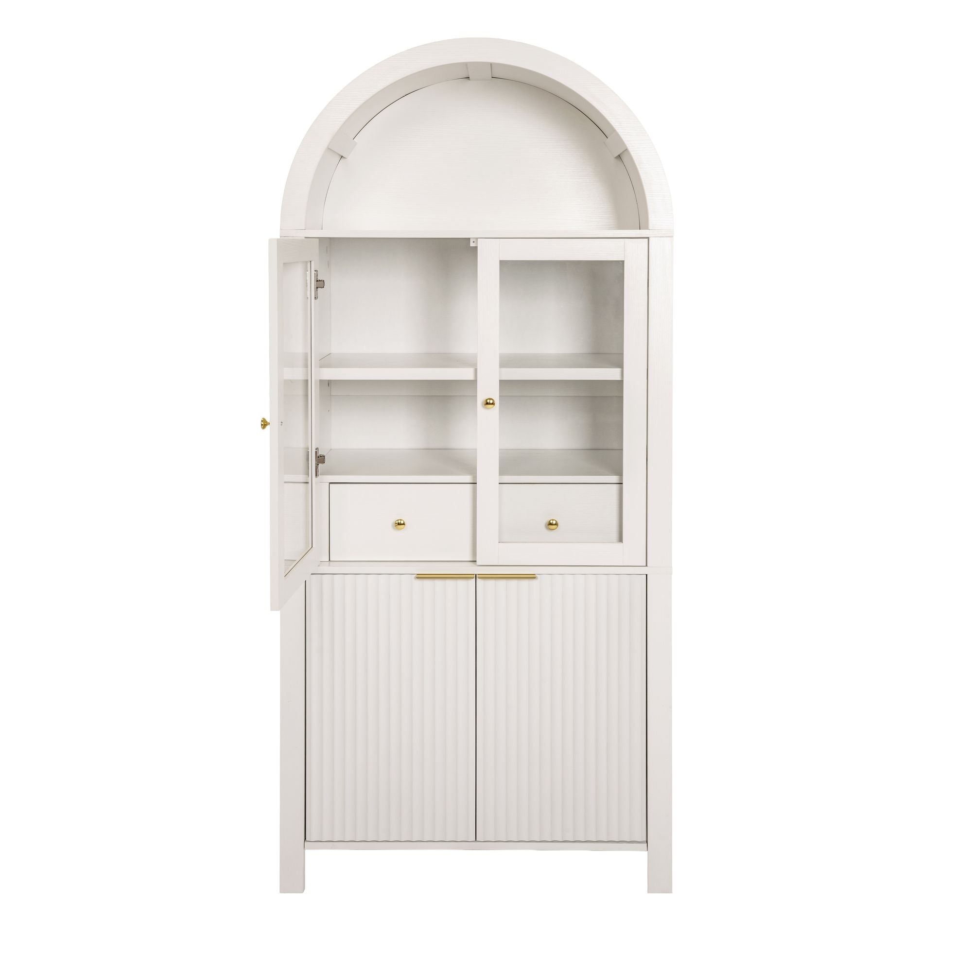 Fluted Tall Pantry Cabinet with Adjustable Shelves and Glass Doors