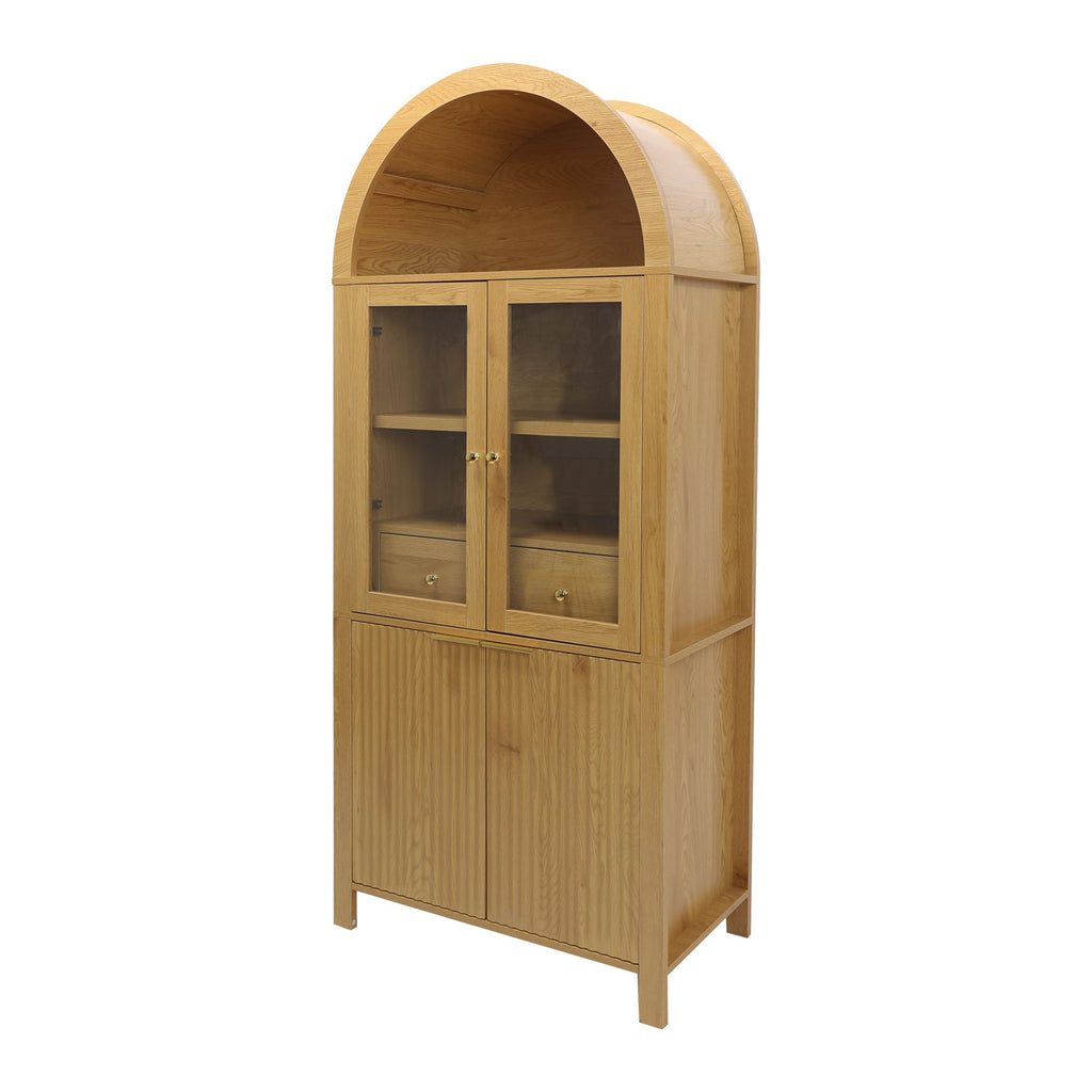 Fluted Tall Pantry Cabinet with Adjustable Shelves and Glass Doors