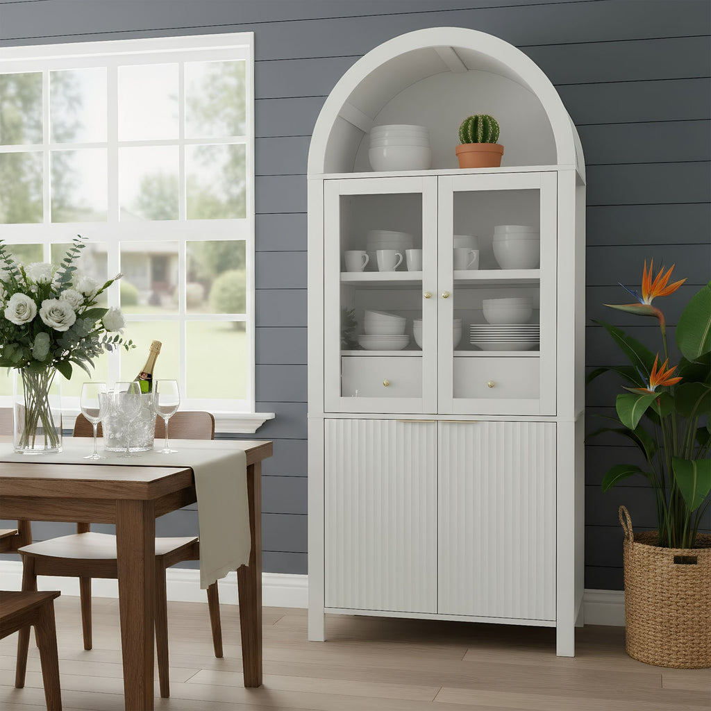 Elegant Fluted Pantry Cabinet with Adjustable Shelves & Glass Door