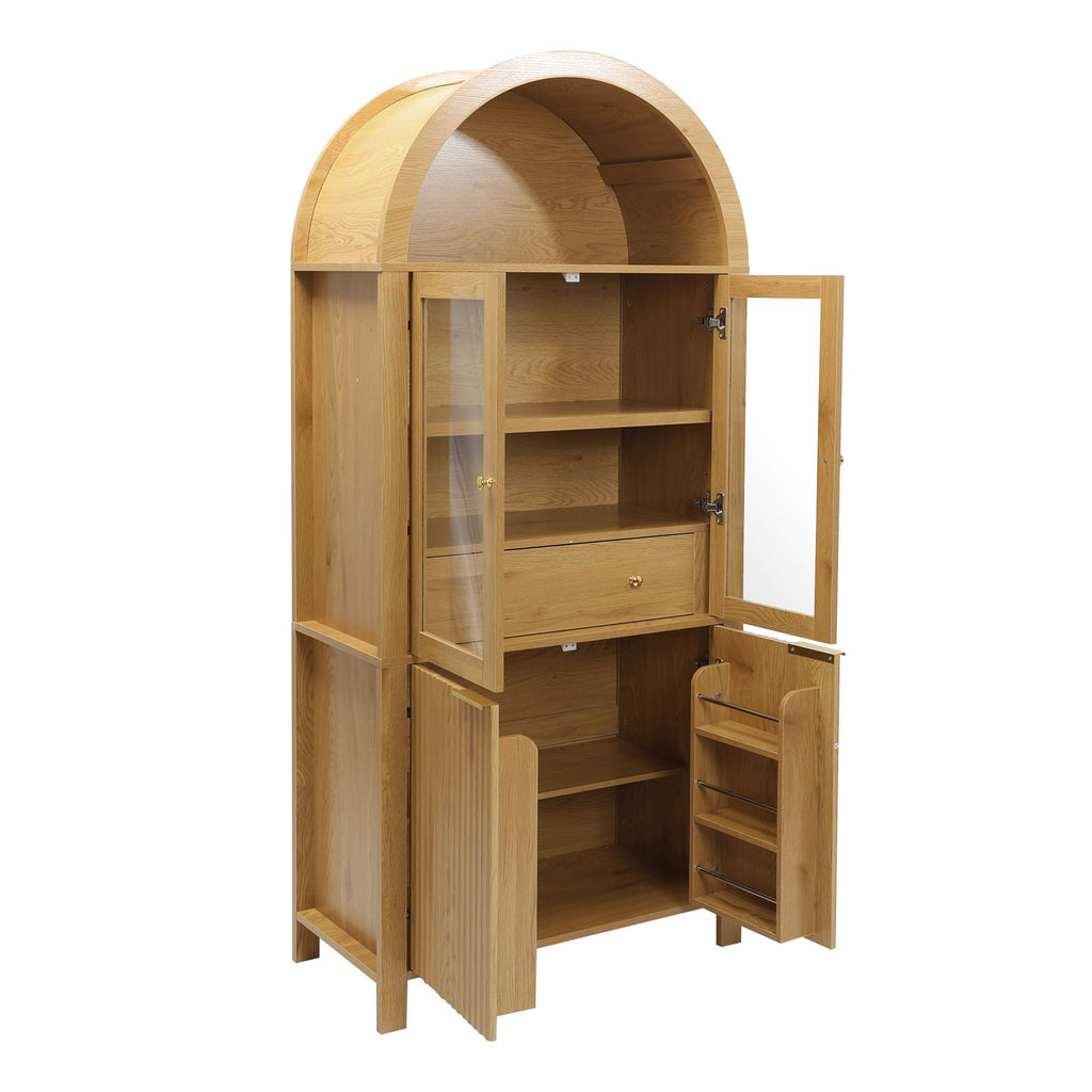 Fluted Tall Pantry Cabinet with Adjustable Shelves and Glass Doors