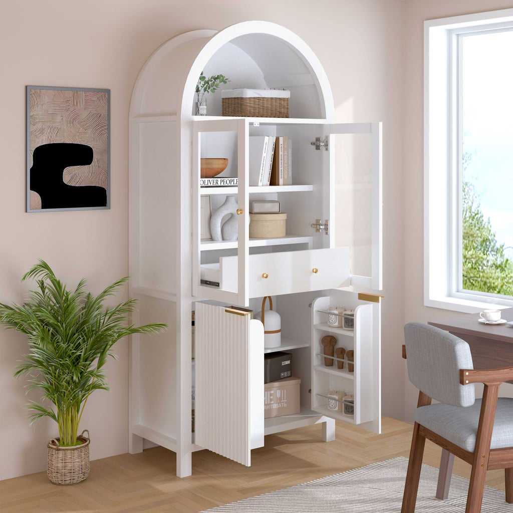 Elegant Fluted Pantry Cabinet with Adjustable Shelves & Glass Door