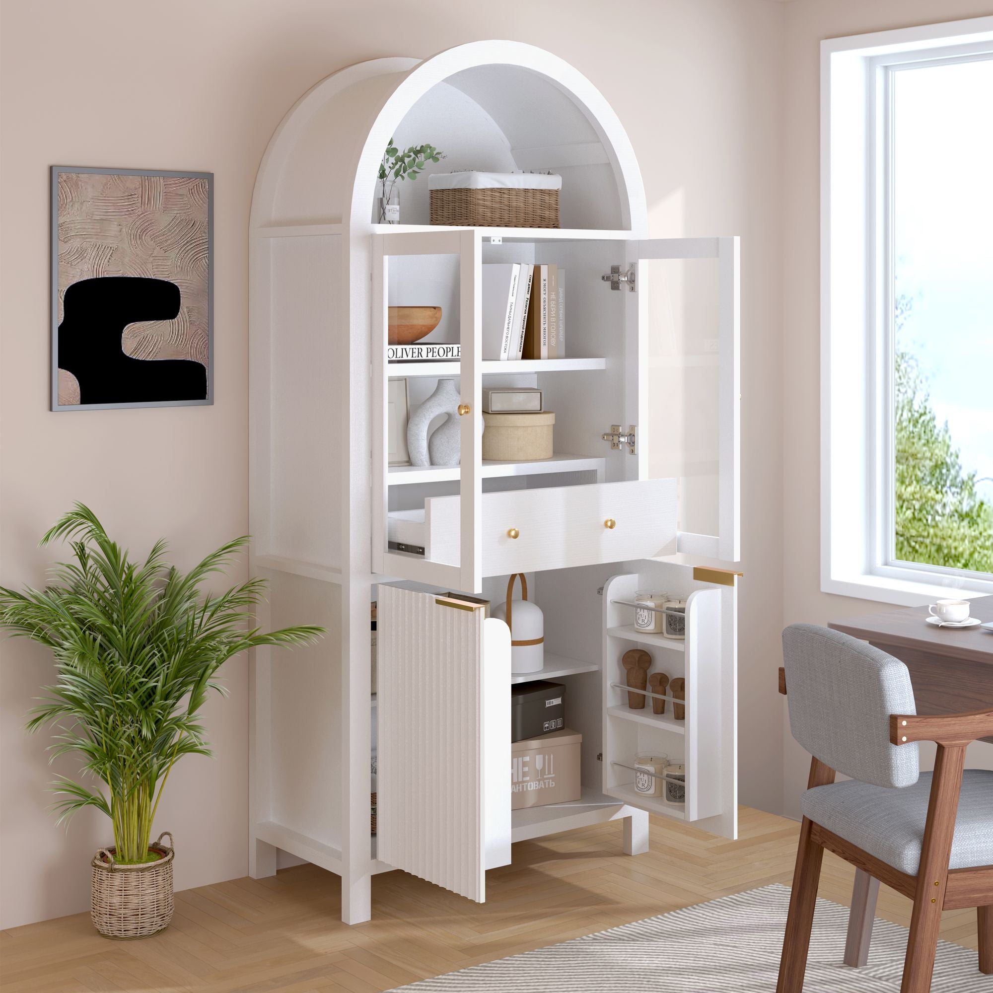 Elegant Fluted Pantry Cabinet with Adjustable Shelves & Glass Door