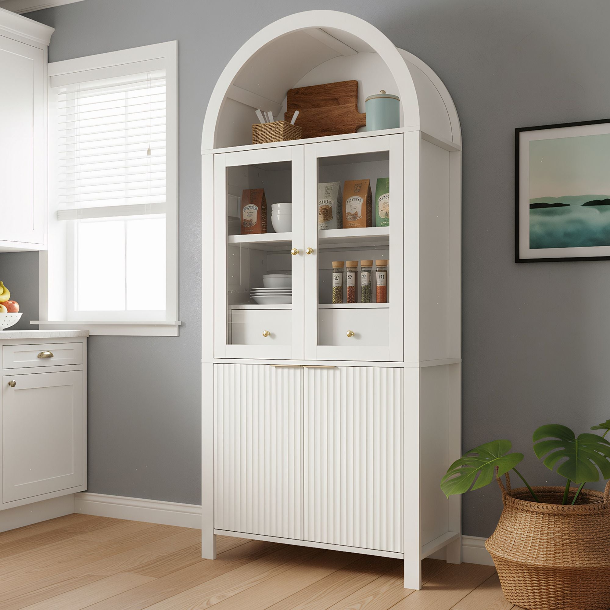Elegant Fluted Pantry Cabinet with Adjustable Shelves & Glass Door