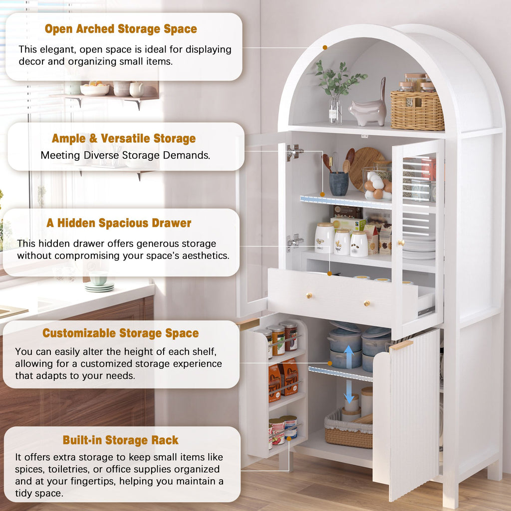 Elegant Fluted Pantry Cabinet with Adjustable Shelves & Glass Door