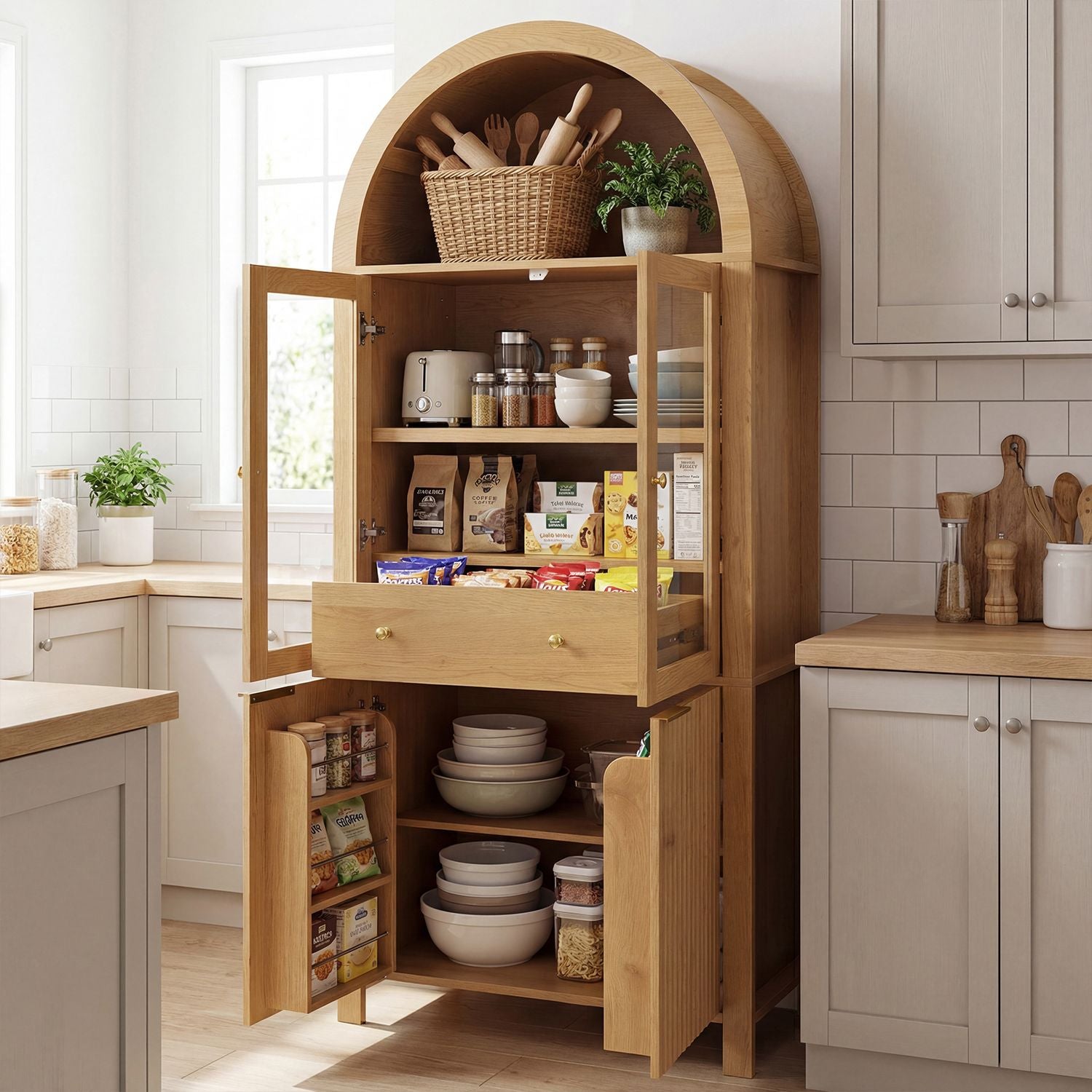 Elegant Fluted Pantry Cabinet with Adjustable Shelves & Glass Door