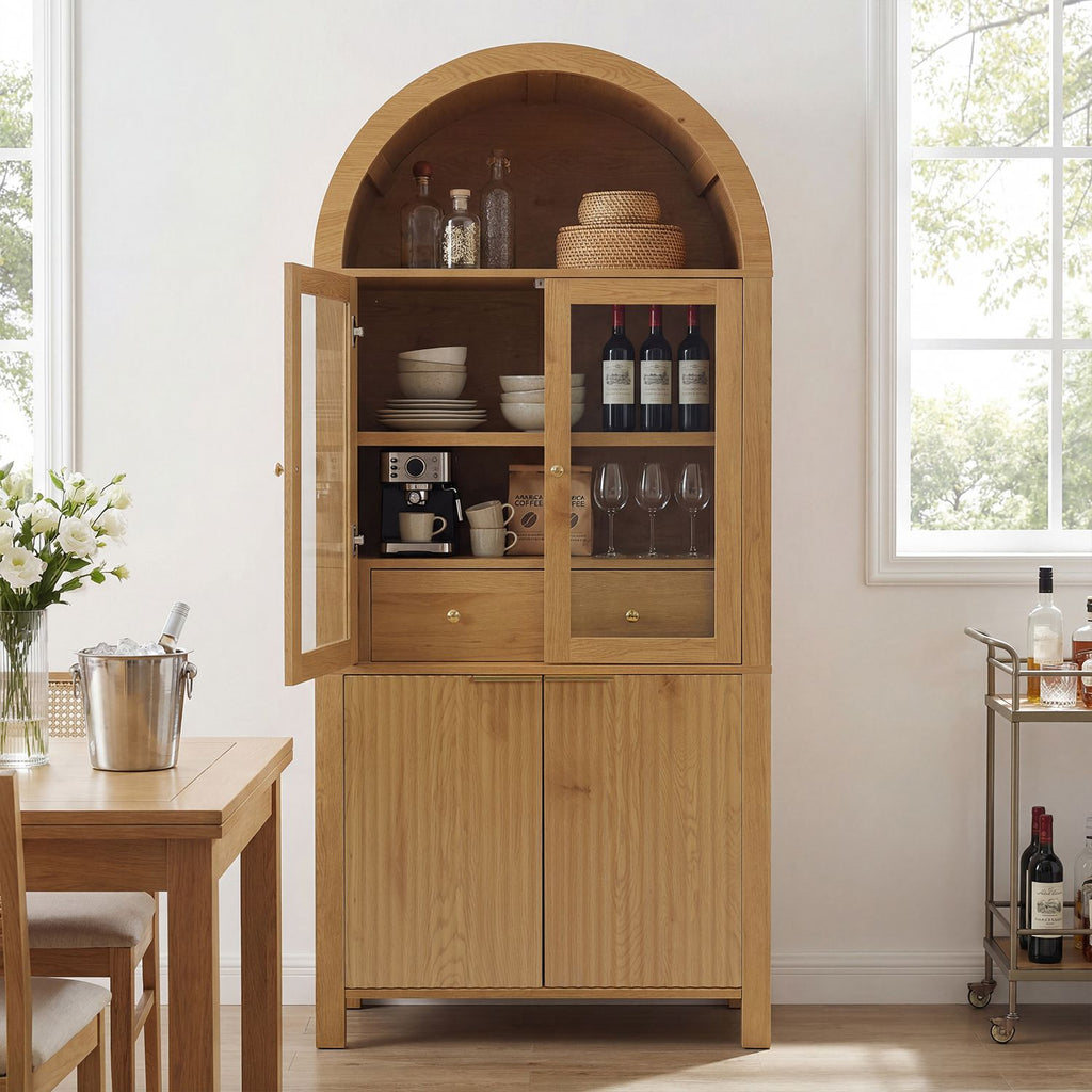 Fluted Tall Pantry Cabinet with Adjustable Shelves and Glass Doors