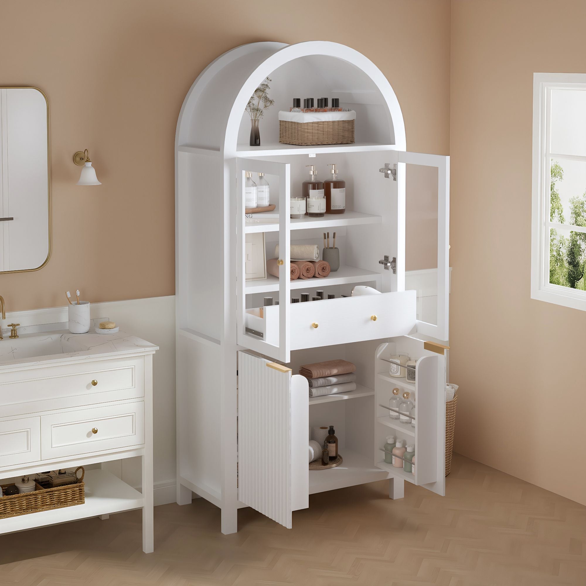 Fluted Tall Pantry Cabinet with Adjustable Shelves and Glass Doors