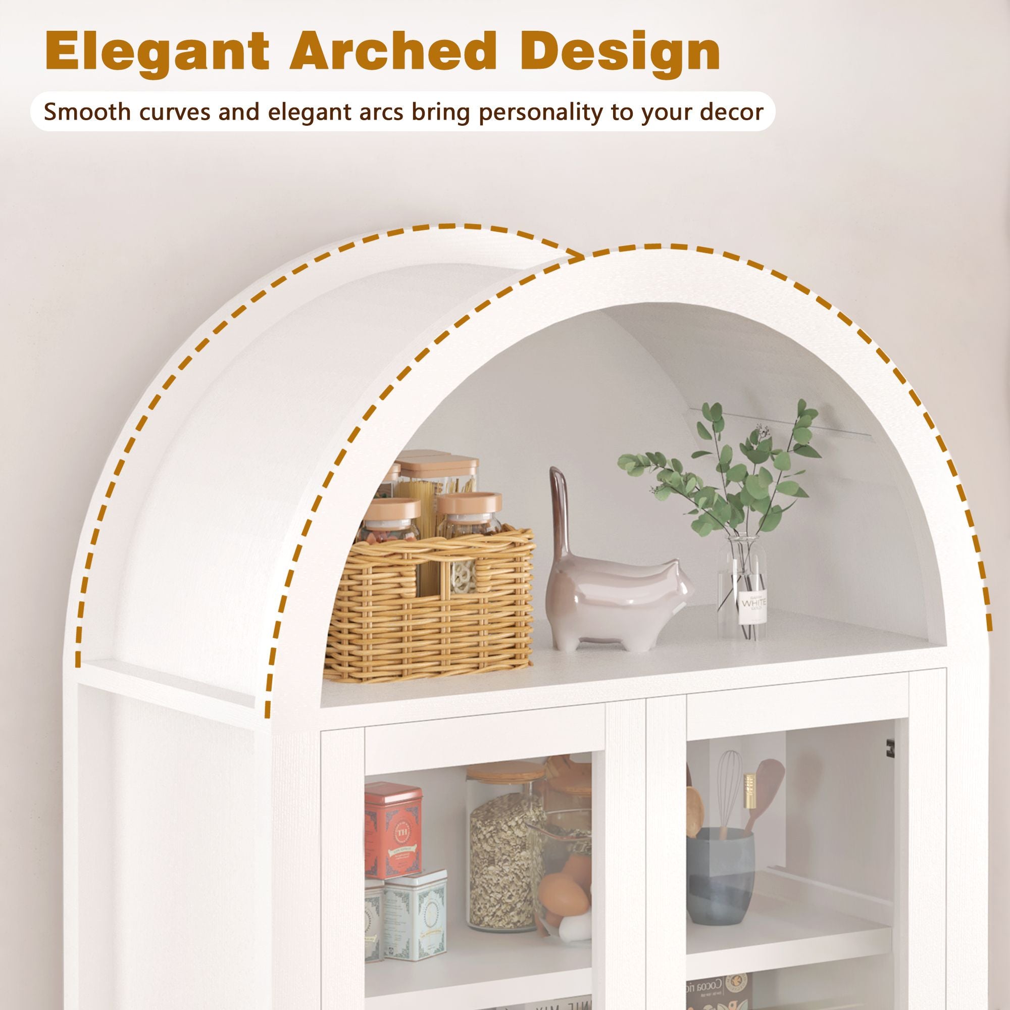 Fluted Tall Pantry Cabinet with Adjustable Shelves and Glass Doors