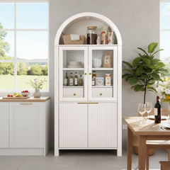 Fluted Tall Pantry Cabinet with Adjustable Shelves and Glass Doors