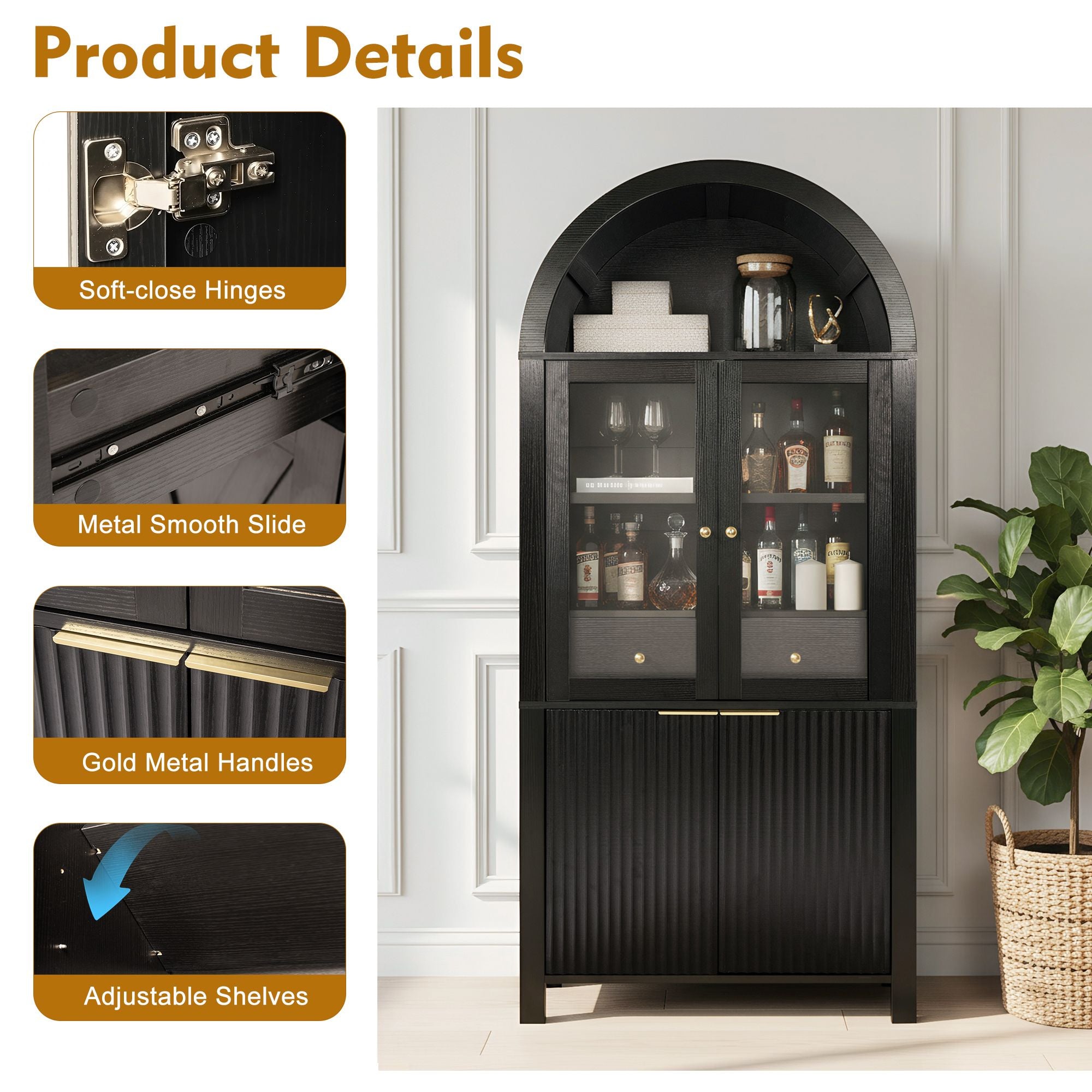 Elegant Fluted Pantry Cabinet with Adjustable Shelves & Glass Door