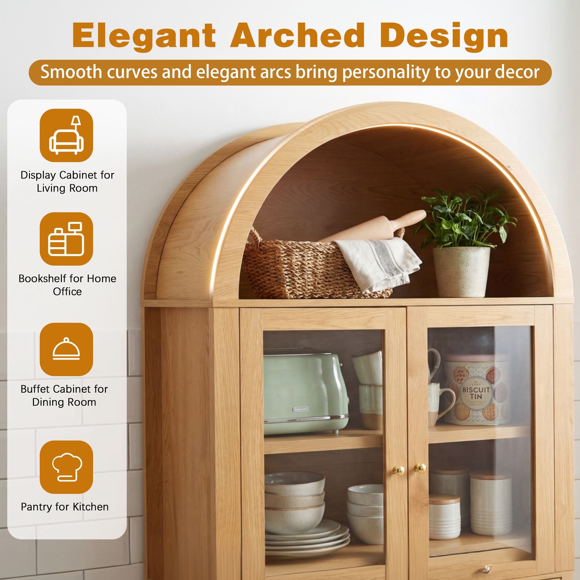 Elegant Fluted Pantry Cabinet with Adjustable Shelves & Glass Door