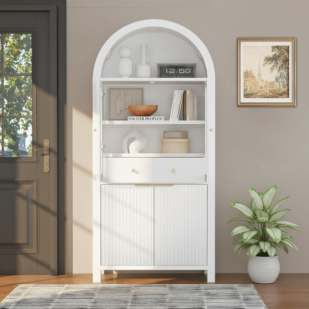 Fluted Tall Pantry Cabinet with Adjustable Shelves and Glass Doors