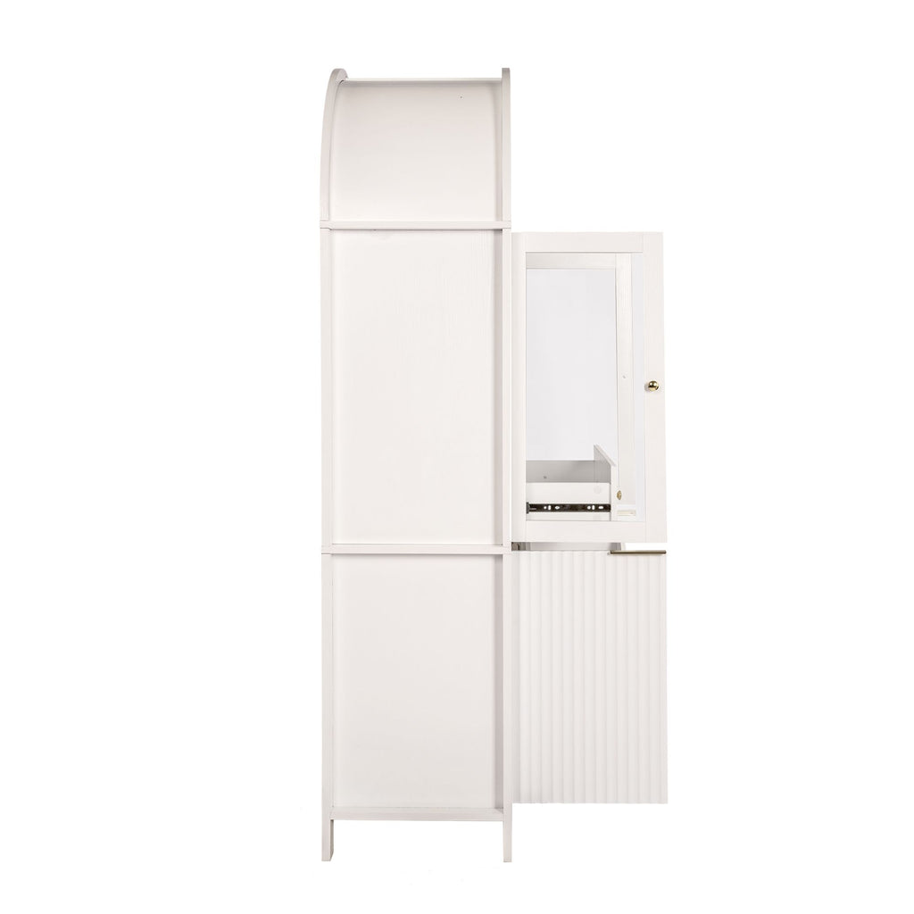 Fluted Tall Pantry Cabinet with Adjustable Shelves and Glass Doors